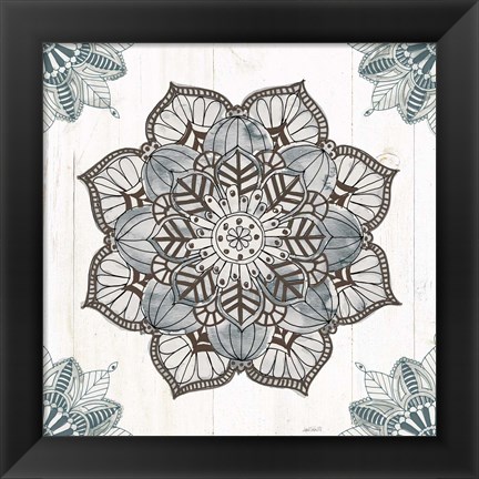 Framed Mandala Morning V Blue and Gray v2 Print