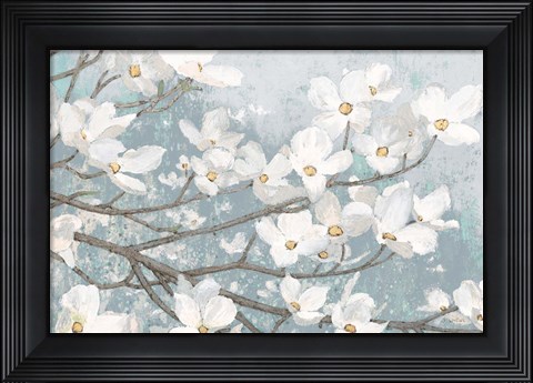 Framed Dogwood Blossoms II Blue Gray Crop Print