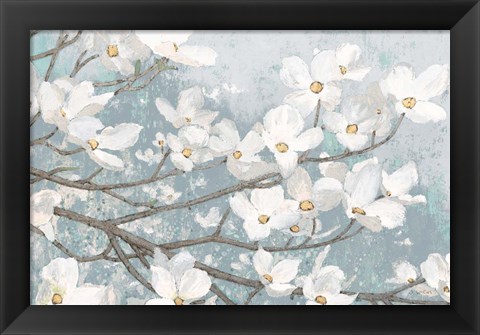 Framed Dogwood Blossoms II Blue Gray Crop Print