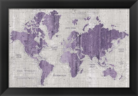 Framed Old World Map Purple Gray Print