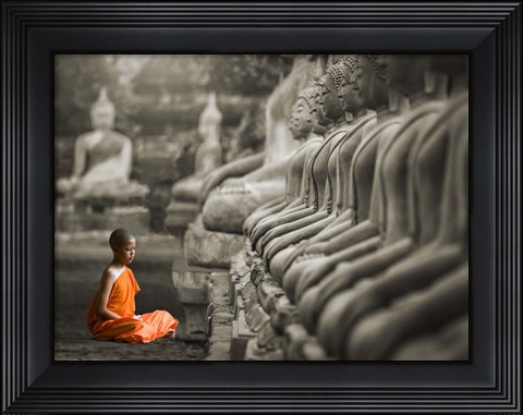 Framed Young Buddhist Monk Praying, Thailand (BW) Print