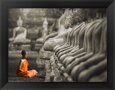 Framed Young Buddhist Monk Praying, Thailand (BW) Print