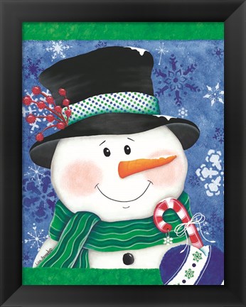 Framed Snowman with a Candy Cane Print