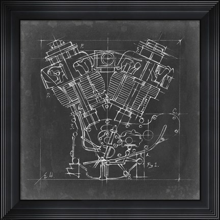 Framed Motorcycle Engine Blueprint I Print