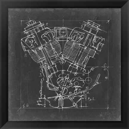 Framed Motorcycle Engine Blueprint I Print