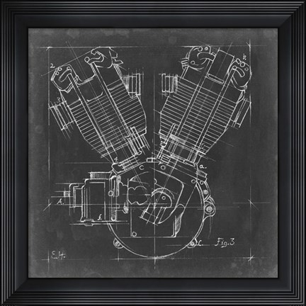 Framed Motorcycle Engine Blueprint III Print