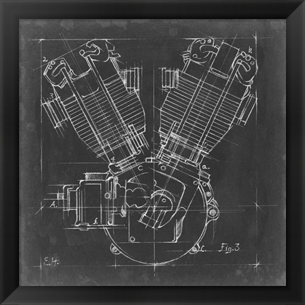 Framed Motorcycle Engine Blueprint III Print