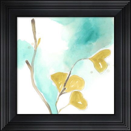 Framed Teal and Ochre Ginko I Print