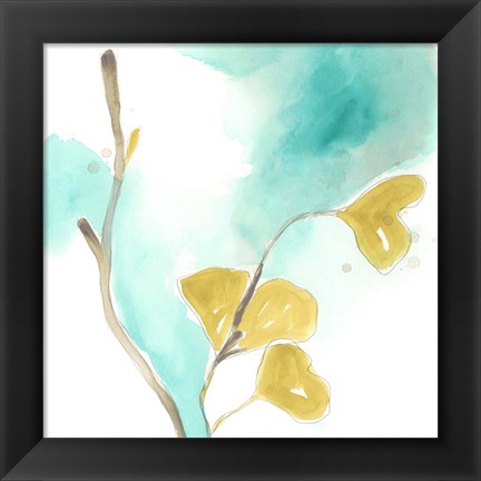 Framed Teal and Ochre Ginko I Print