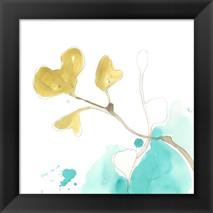 Framed Teal and Ochre Ginko V Print