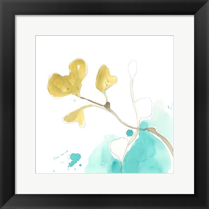 Framed Teal and Ochre Ginko V Print