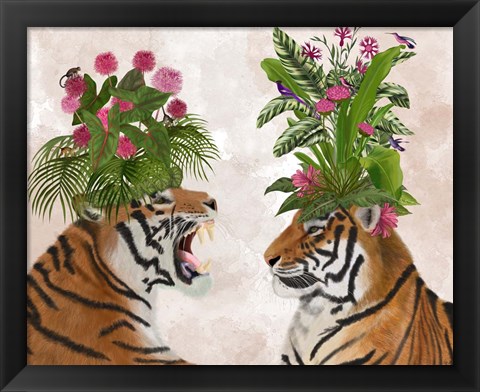 Framed Hot House Tigers, Pair, Pink Green Print