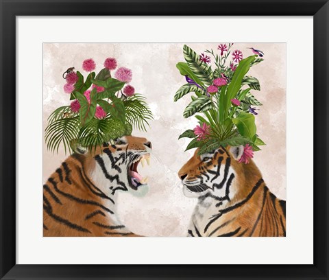 Framed Hot House Tigers, Pair, Pink Green Print