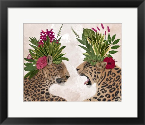 Framed Hot House Leopards, Pair, Pink Green Print