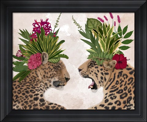 Framed Hot House Leopards, Pair, Pink Green Print