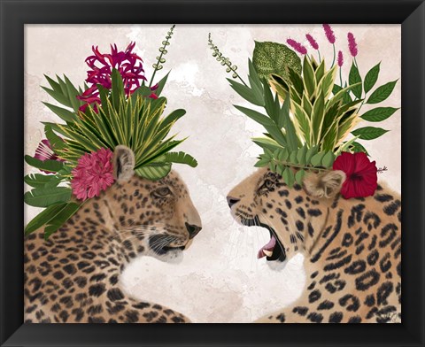 Framed Hot House Leopards, Pair, Pink Green Print