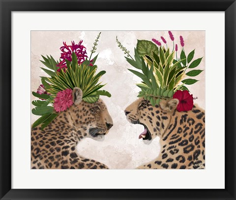 Framed Hot House Leopards, Pair, Pink Green Print
