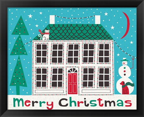 Framed Jolly Holiday Home on Blue Merry Christmas Print