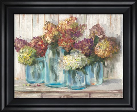 Framed Hydrangeas in Glass Jars White Wood Print
