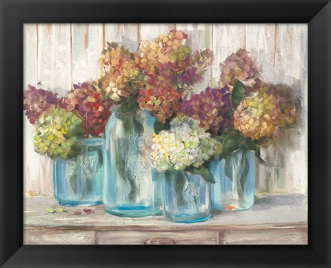 Framed Hydrangeas in Glass Jars White Wood Print