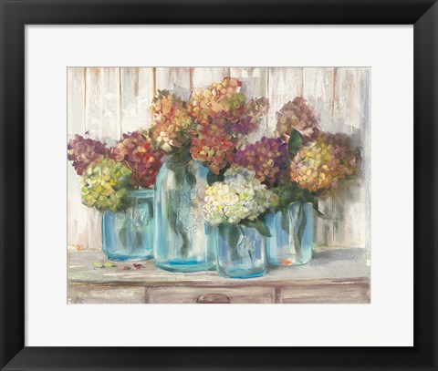 Framed Hydrangeas in Glass Jars White Wood Print
