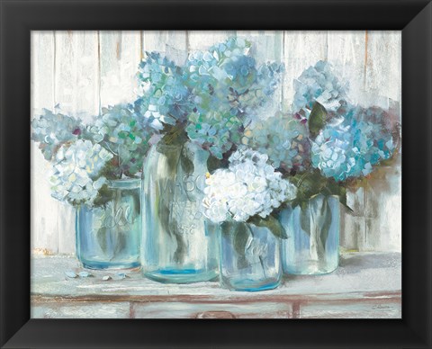 Framed Hydrangeas in Glass Jars Blue Print