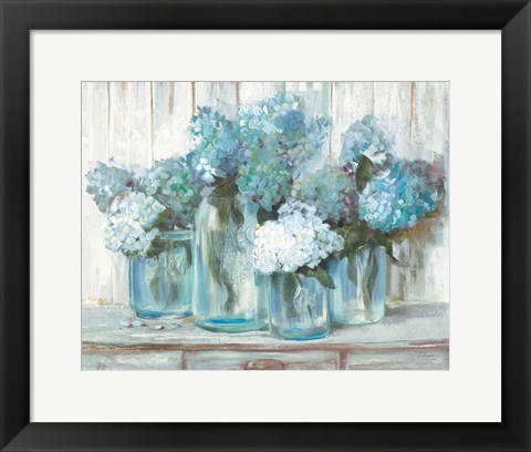 Framed Hydrangeas in Glass Jars Blue Print