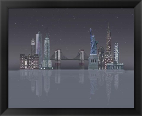 Framed New York Skyline Night Reflections Print