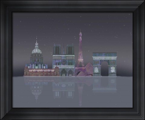 Framed Paris Skyline Night Reflections Print