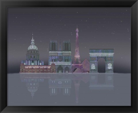 Framed Paris Skyline Night Reflections Print