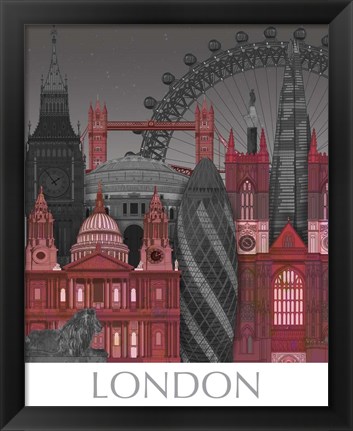 Framed London Elevations by Night Red Print