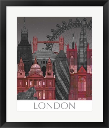 Framed London Elevations by Night Red Print