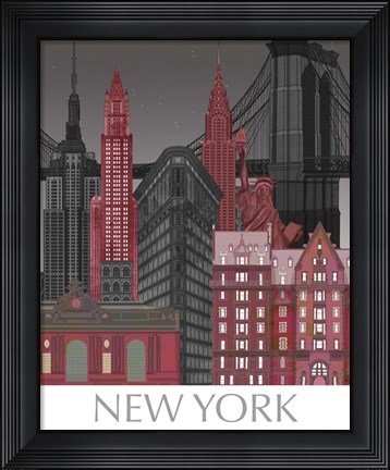 Framed New York Elevations by Night Red Print