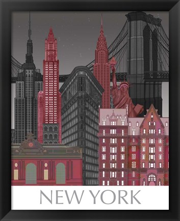 Framed New York Elevations by Night Red Print