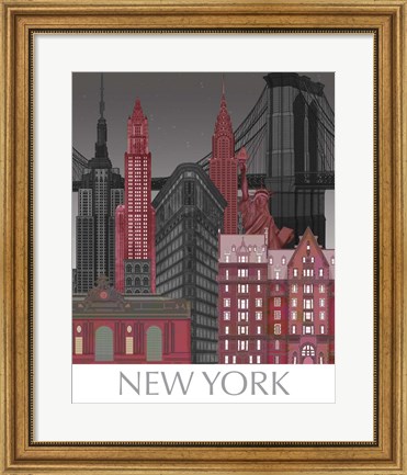 Framed New York Elevations by Night Red Print