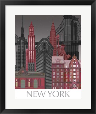 Framed New York Elevations by Night Red Print