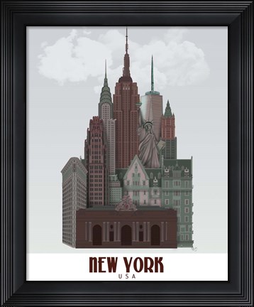 Framed New York in Clouds Dark Red and Green Print