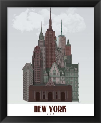Framed New York in Clouds Dark Red and Green Print
