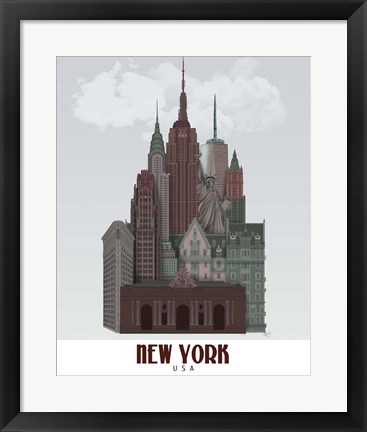 Framed New York in Clouds Dark Red and Green Print