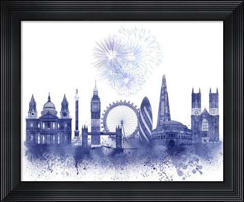 Framed London Skyline Watercolour Splash Blue Print