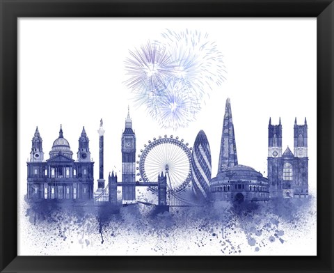 Framed London Skyline Watercolour Splash Blue Print