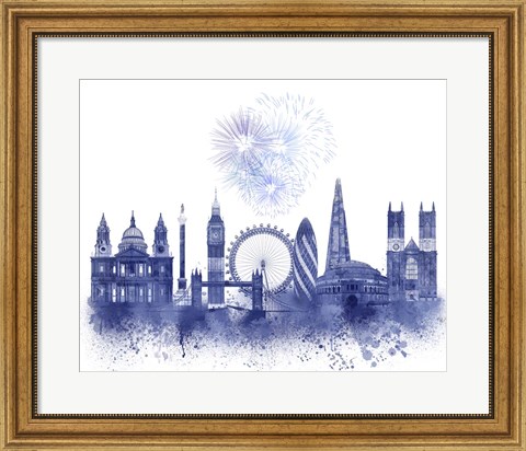 Framed London Skyline Watercolour Splash Blue Print