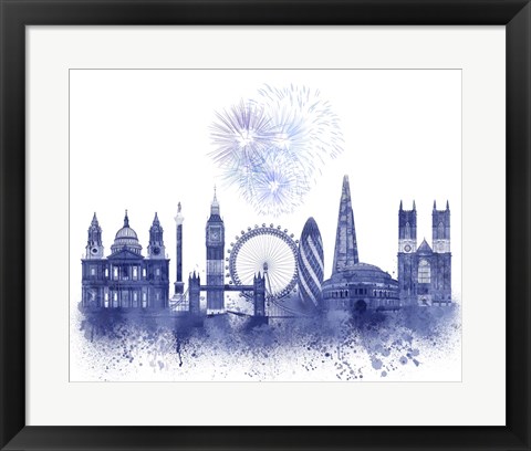 Framed London Skyline Watercolour Splash Blue Print