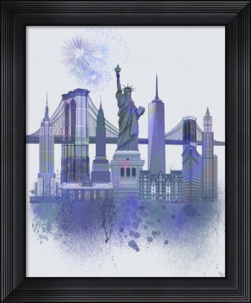 Framed New York Skyline Watercolour Splash Blue Print
