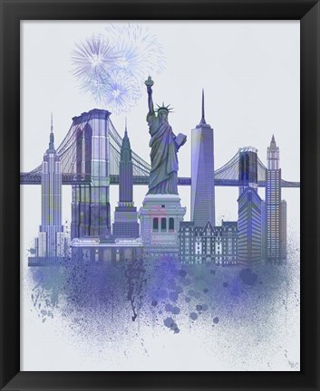 Framed New York Skyline Watercolour Splash Blue Print