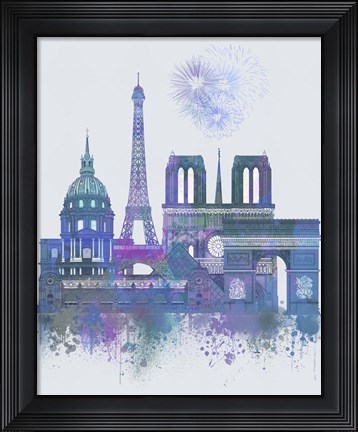 Framed Paris Skyline Watercolour Splash Blue Print