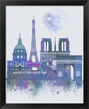 Framed Paris Skyline Watercolour Splash Blue Print