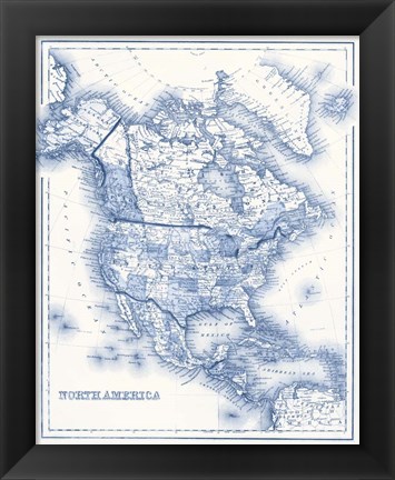 Framed North America in Shades of Blue Print