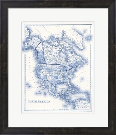 Framed North America in Shades of Blue Print