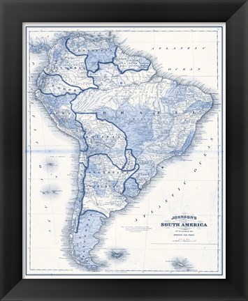 Framed South America in Shades of Blue Print